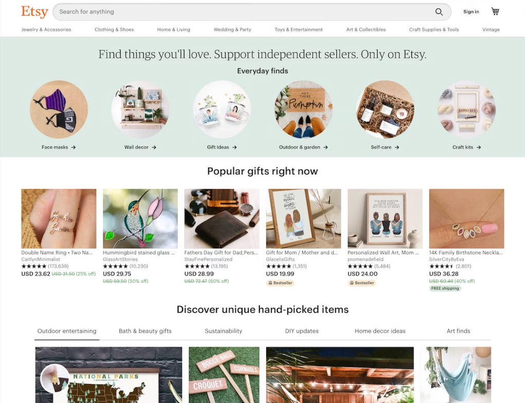 Etsy website's interface using Bootstrap ReactJS