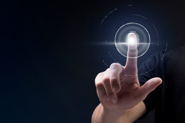 Biometric technology background with fingerprint scanning system on virtual screen digital remix